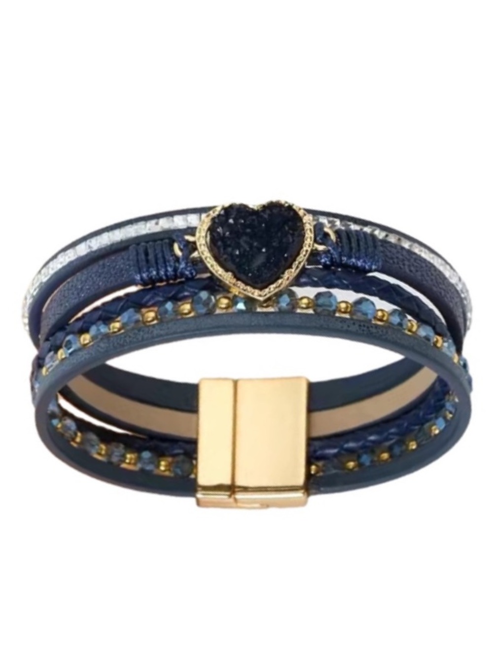 Navy Blue Leather Multi Layer Heart Druzy Crystal Beaded Magnetic Bracelet
